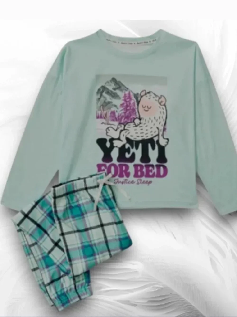 Mint Yeti Plaid 2 Piece Pajama Set Long Sleeve Lounge Sleepwear